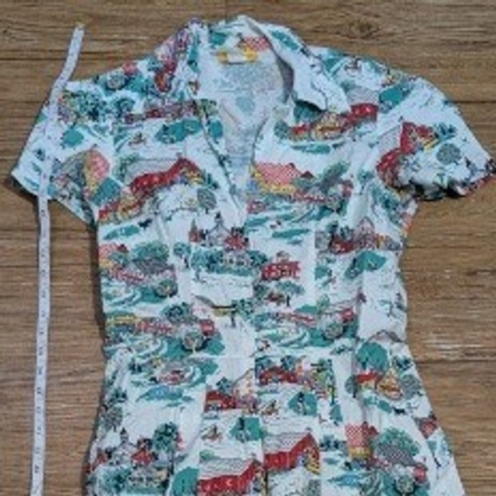 Bernie Dexter Derby Dress XL Farm Novelty Print Cotton Shirt Dress Made in USA